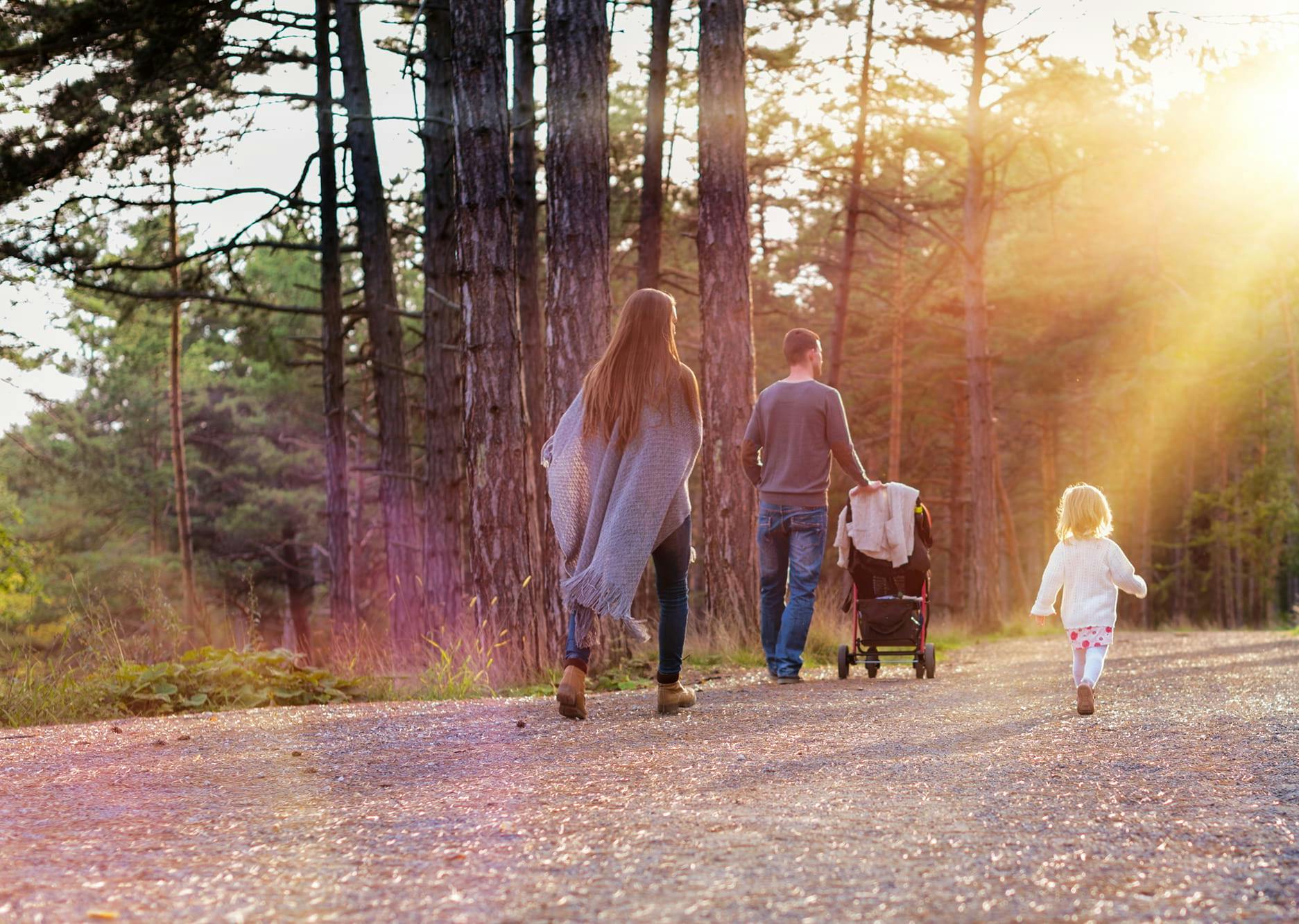 Man met kinderwagen, vrouw en klein meisje wandelen in het bos