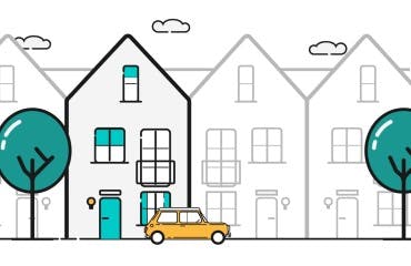 getekende afbeelding van een auto voor een rij huizen