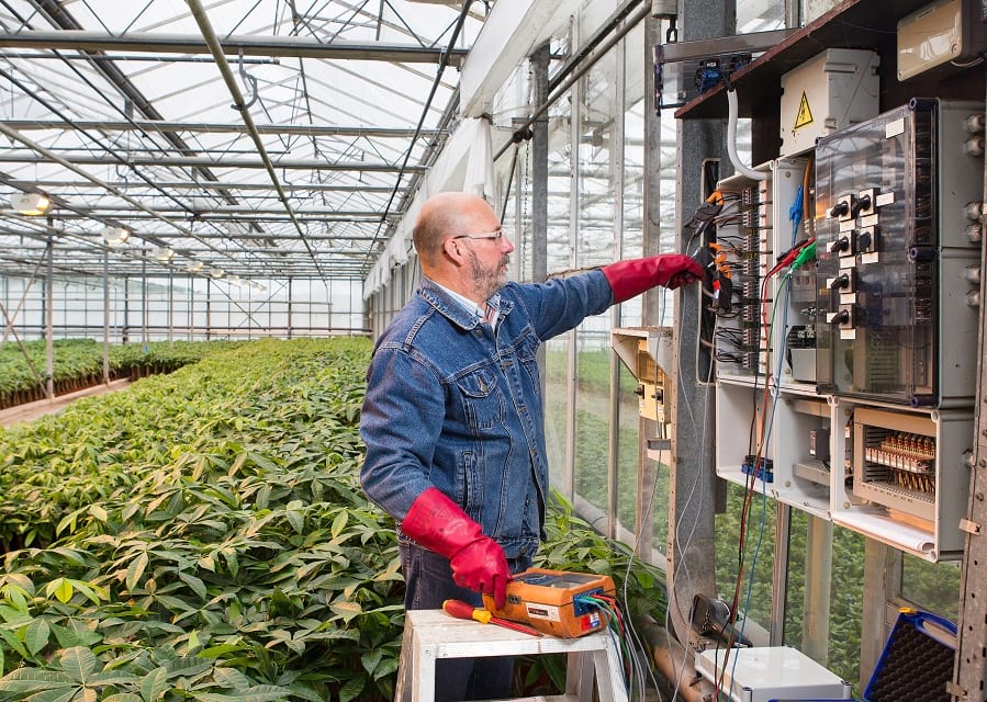 Man met beschermende handschoenen aan doet een elektrakeuring in de kas