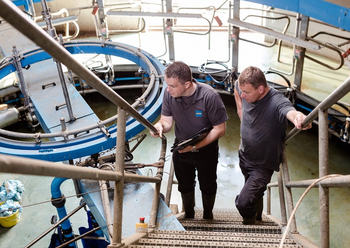 Gert van Adrichem en een elektra inspecteur staan op de trap bij de melkput in het melkveebedrijf van Gert.