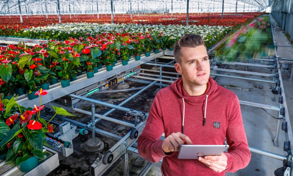 Man in kas glastuinbouw met iPad in zijn hand