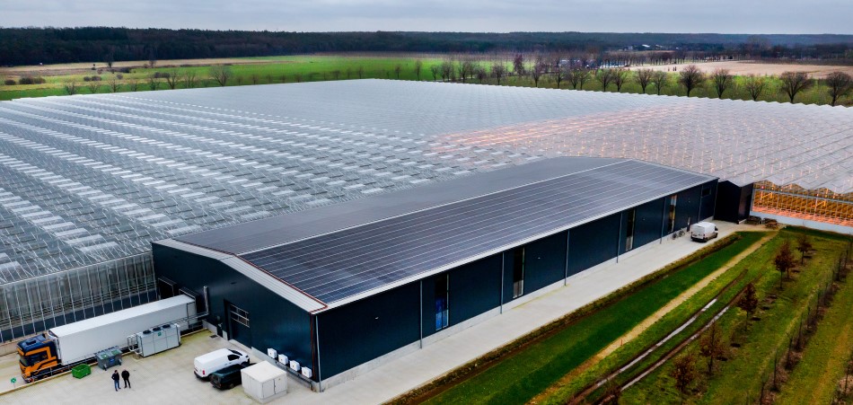 Een aircokas direct naast een glazen kassencomplex.