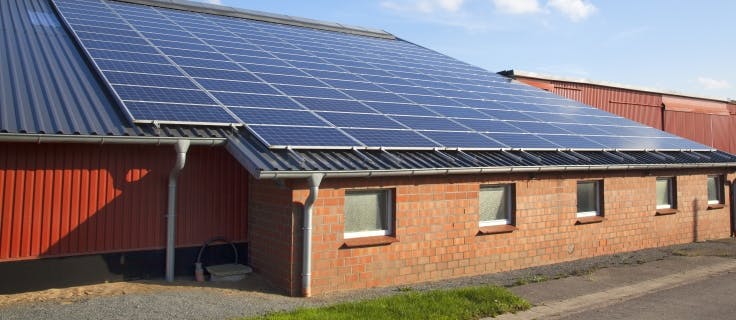 Een boerenbedrijf met zonnepanelen op het dak. Wilt u zonnepanelen aanleggen? Haal optimaal rendement uit uw installatie en doe dat op een veilige manier | Interpolis Bedrijven Compact Polis Agrarisch®