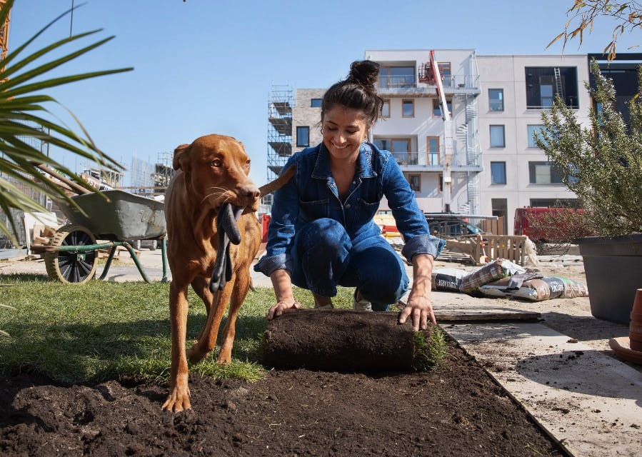 Vrouw aan het werk in de tuin met de hond