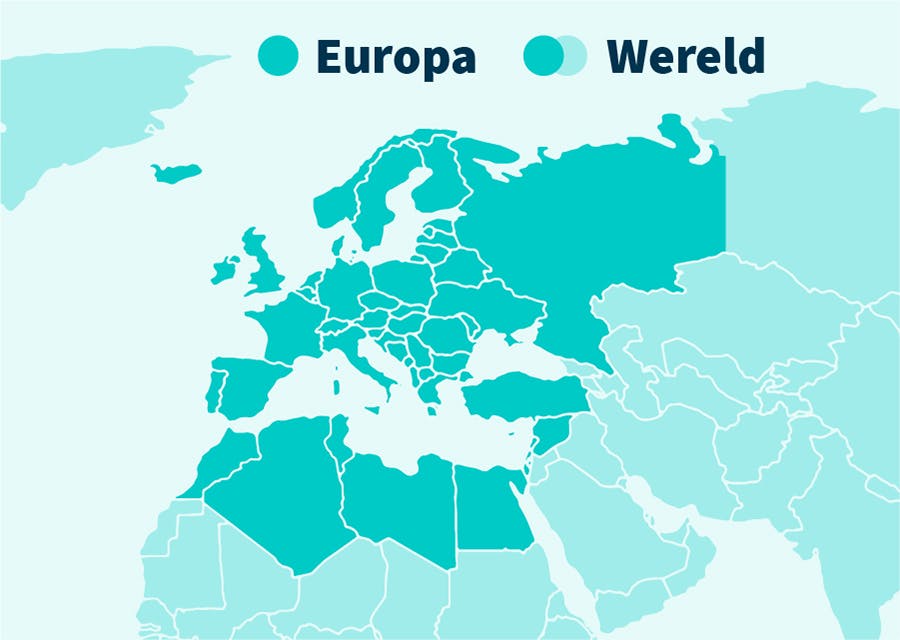 Kaart waarin de landen die onder Europadekking vallen zijn gemarkeerd.