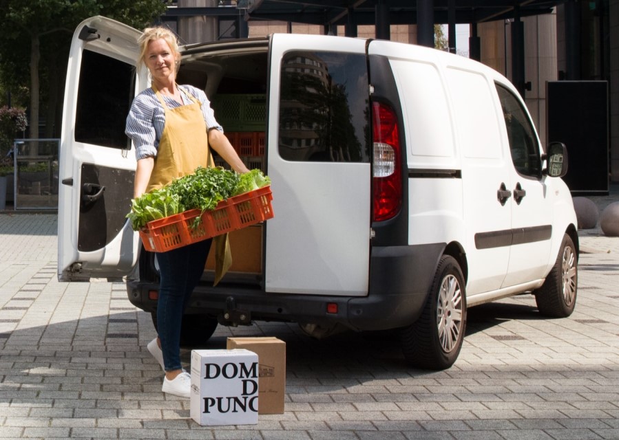 Vrouw staat met kratje vol verse kruiden bij een busje. Bepaal welke manier van zakelijk rijden het beste bij je past.