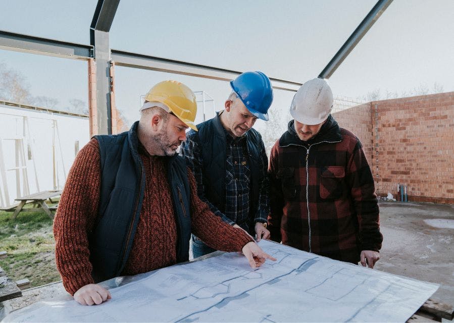 Mannen op een bouwplaats kijken naar een bouwtekening