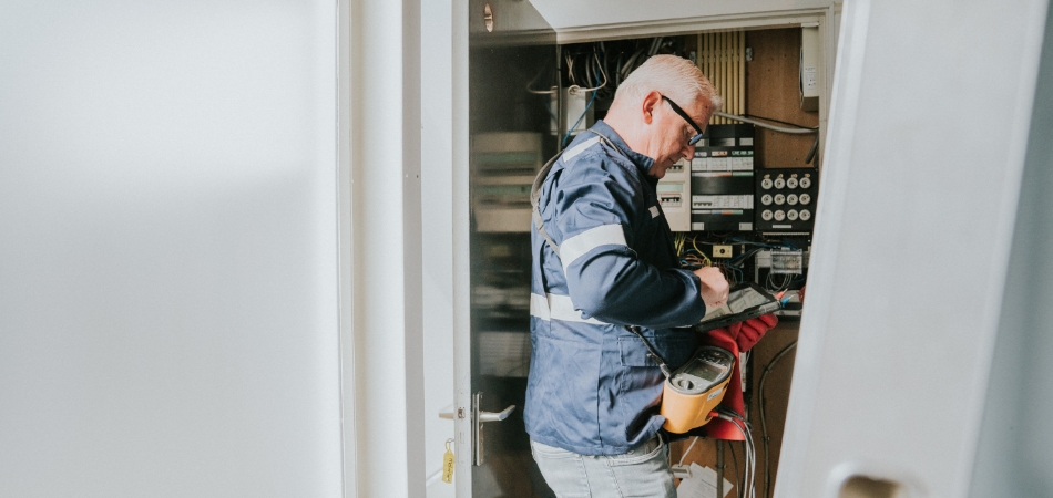 Een inspecteur keurt de elektrische installatie van een zonnepaneleninstallatie.