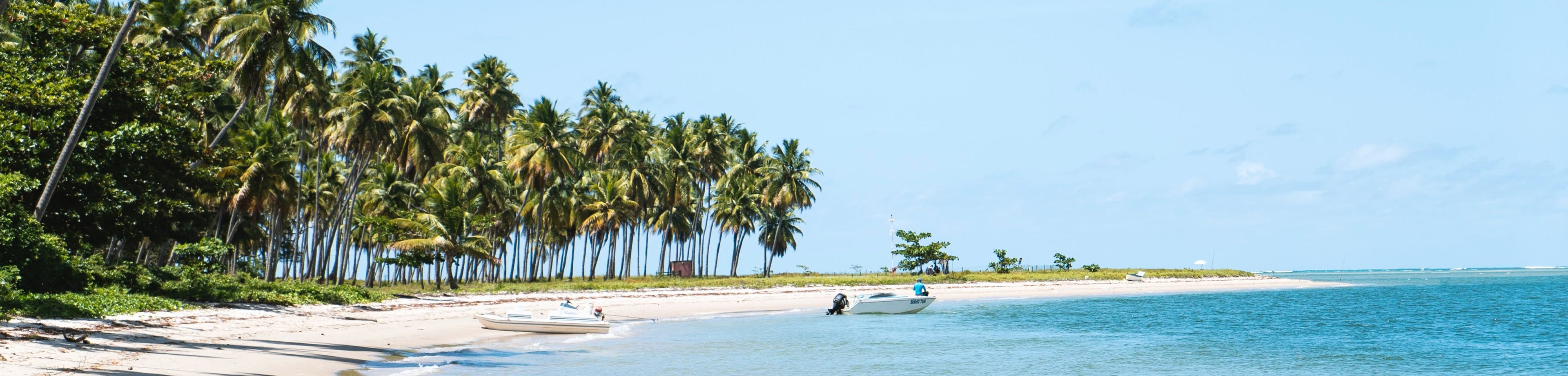 Een wit strand met palmbomen op een tropische vakantiebestemming