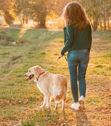 Vrouw die met haar hond in de natuur aan het wandelen is