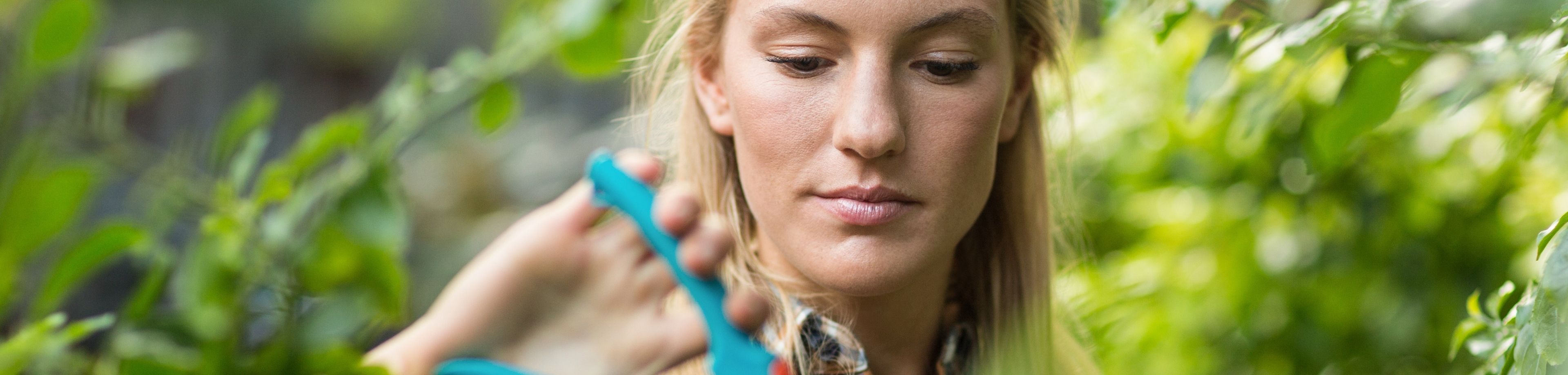 Vrouw die de tuin snoeit met een snoeischaar.