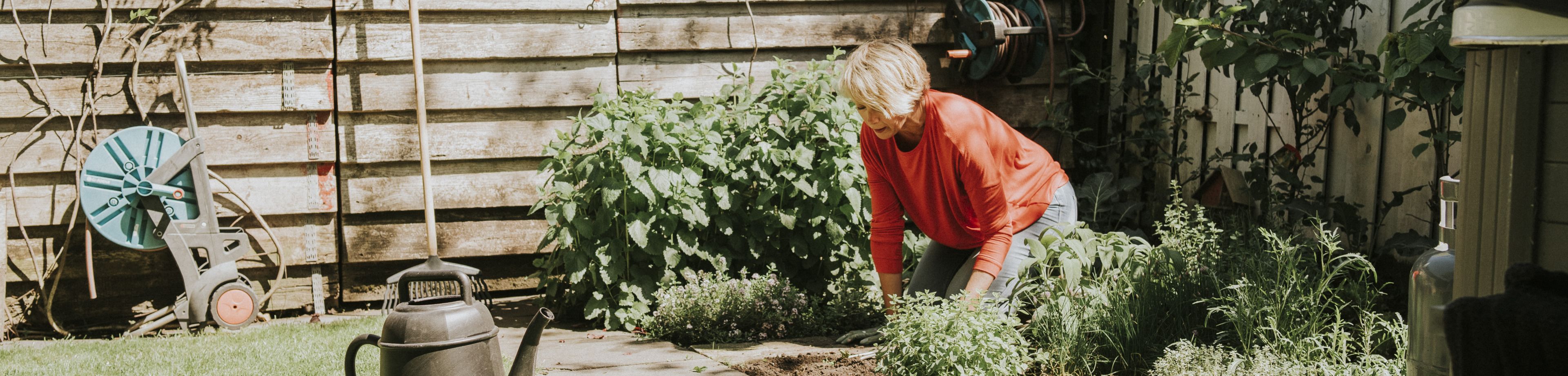 Een vrouw werkt op een zonnige dag in de tuin.