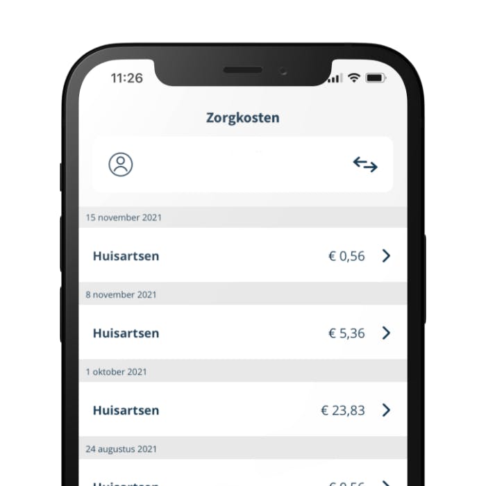 Plaatje hoe het scherm eruit ziet als je je zorgkosten wilt zien in de Zorg app